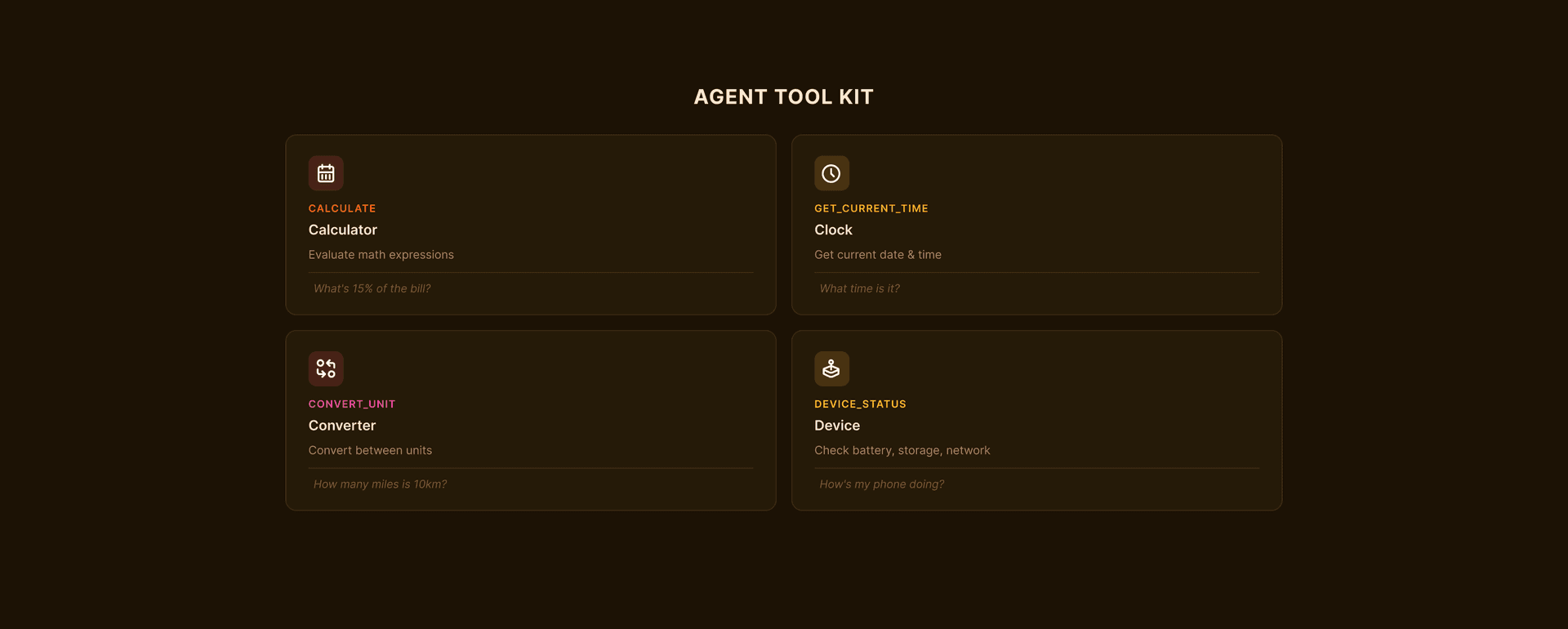 Four Demo Tools — calculator, clock, converter, device status