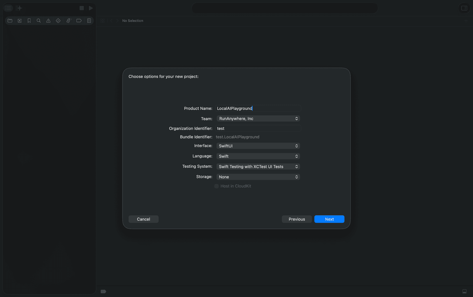 Xcode project options dialog
